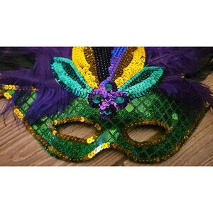 Green & Purple Mardi Gras Mask With Sequins & Feathers